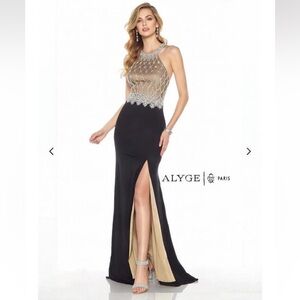 Alys Paris Beaded Sequin Evening Black slit maxi Wedding Prom Luxe dress Size 10